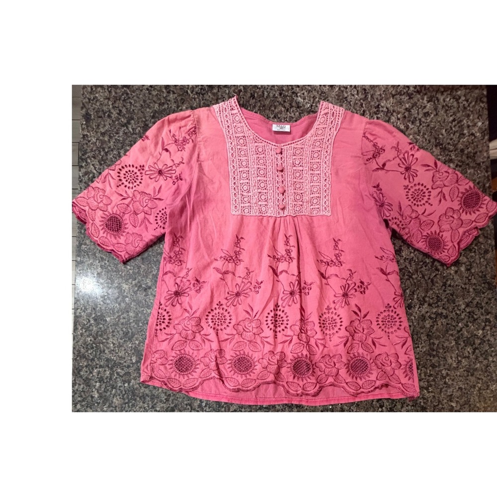 Mad Style Pink Boho Floral Embroidered Crochet Lace Bib Blouse Top L/XL